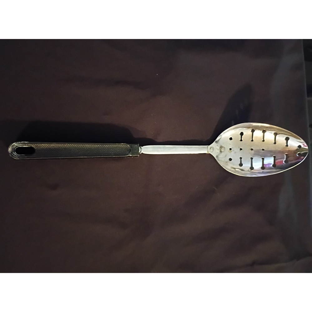 Vintage EKCO Slotted Spoon Stainless Steel Black Handle USA Made Kitchen Utensil